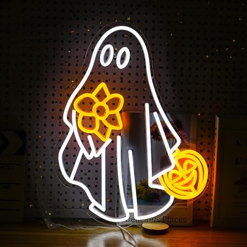Image of Ghost Neon Sign for Wall Decor Dimmable USB Powered Pumpkin Led Light sign Halloween Ghost Neon Light for Halloween Party Game Room Neon Decor (Yellow White)