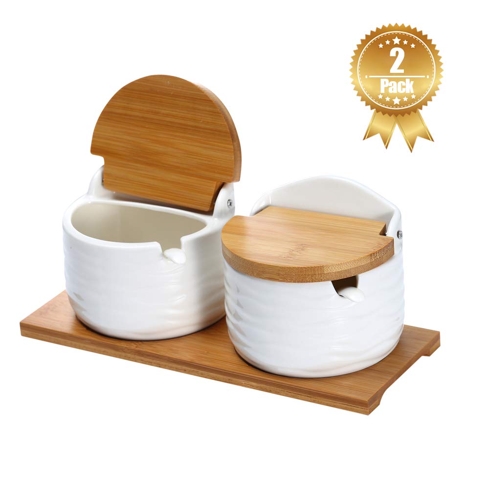Lucky Goddness Ceramic Sugar Bowl with Lids and Spoons-Porcelain Condiment Container Spice Jar,Salt Cellar for Kitchen,with Chalkboard Labels,8.8 fl oz 260ML