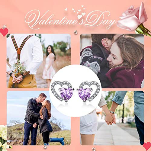 Heart Birthstone Stud Earrings - Sparkling Double Dainty Hollow Hearts Forever Love 925 Sterling Silver Platinum Plated 12 Months Zircon Birthday Gifts for Women Girls4