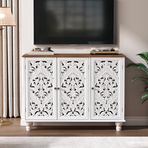 Image of JOINICE 43 inch Accent Cabinet with 3 Carved Doors, White Farmhouse Buffet Cabinet with Storage & Solid Wood Legs, Boho Sideboard Console Table for Living Room, Entryway, Dining Room, Coffee Bar