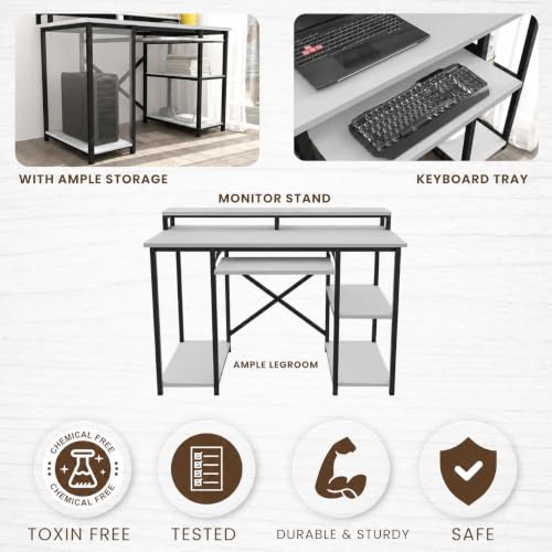 Image of Klaxon Computer Table for Home Office with Keyboard Tray and Monitor Stand, Engineered Wood Study Table and Gaming Desk with Storage Shelves (150 CM - White DIY)