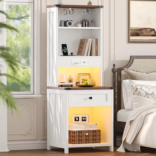 Whiurmezz Farmhouse Tall Nightstand with Bookshelf and Charging Station 15.7D x 17.7W Night Stand with Drawer&LED Lights 5 Hooks Bedside Stand Adjustable Shelf End Table for Bedroom Off White
