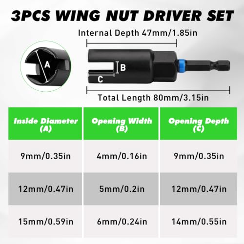 Image of 3-Piece Wing Nut Driver Set, 9mm, 12mm, 15mm, 1 /4 Inch Hex Shank Power Nuts Driver Bit, Wing Nut Socket for Eye Bolt, Hook Bolt Installation, Wire Twisting