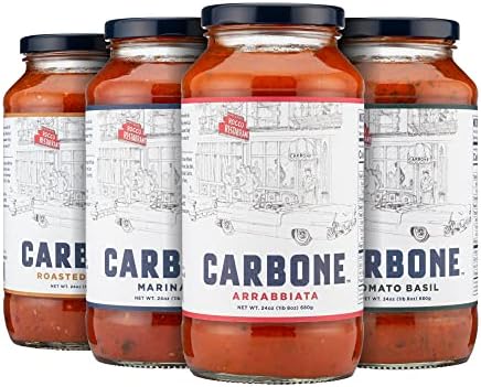 Carbone Pasta Sauce VARIETY PACK of Tomato Basil, Marinara, Arrabbiata, Roasted Garlic, Tomato Sauce Made with Fresh, Natural Ingredients, Non GMO, Vegan, Gluten Free, Low Carb, 24 Fl Oz (Pack of 4)