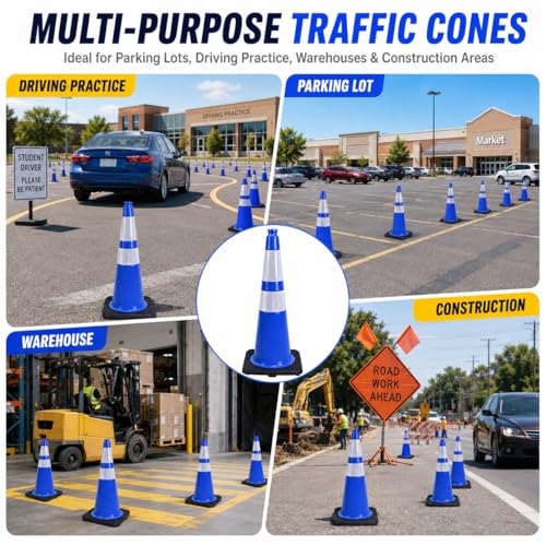 Image of BESEA 4 Pack 28 Inch Blue Traffic Cones with Wide Weighted Base