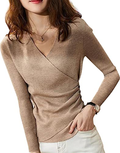 [マリアマーファ] 5色カラー 長袖 Vネック リブニット カシュクール 無地 サマーニット ボタン セーター オフィス きれいめ かわいい 可愛い 大きめ テレワーク リモートワーク 会社 仕事 通勤 服 女 女性 用 おしゃれ オシャレ カッコイイ 女子 結婚式 フォーマル カジュアル ビジネス おおきい 大きい サイズ ストレッチ 生地 春秋 冬 トップス ベージュ l 2S-M02-BEL