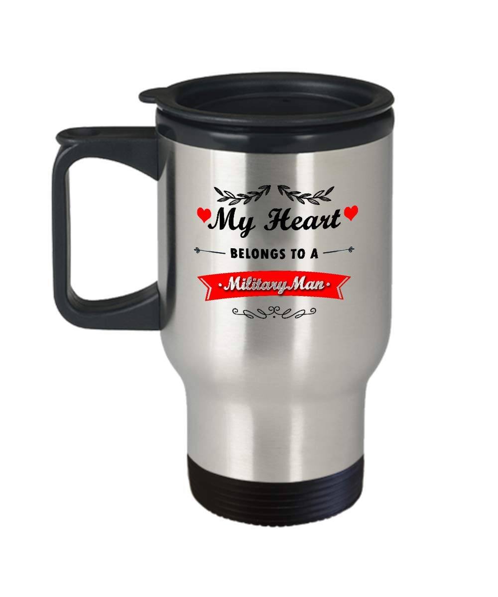 Military Wife or Girlfriend Gift, My Heart Belongs to a Military Man Travel Mug, Cute Coffee Cup for Solider's Wife, Girlfriend, or Mom, Special Gif
