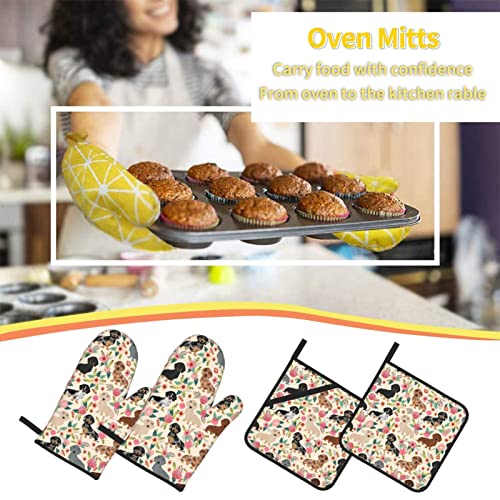 Florals Dachshund Oven Mitts And Pot Holders Heat Resistant 4 Pcs Sets Waterproof Non-Slip For Bbq Cooking Baking Grilling #TOP6