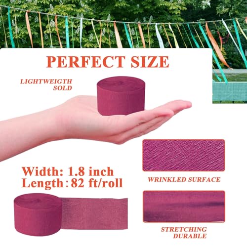 Image of Burgundy Crepe Paper Streamers 8 Rolls, Party Streamers for Birthday Wedding Baby Bridal Shower Decorations Halloween Christmas Craft Supplies (1.8 Inch x 82 Ft /Roll, 656ft)