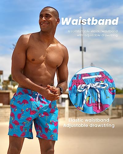 MaaMgic Badehose Herren Badeshorts Männer 18cm Innenlänge Badehosen Für Herren Schnelltrocknend Boardshorts Surfen Strandhose Mit Mesh-Futter Blau Pink Flamingo XL