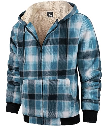 Image of Mens Plaid Hoodies Winter Zip Up Fleece Jacket Sherpa Fleece Lined Warm Flannel Jacket Coat