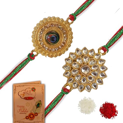 Image of Rakhi For Brother | Elegant Kundan Gold Plated Metal Rakhis For Brother Bhai Rakhi With Roli Chawal and Greeting Card (Set of 2 Rakhis)