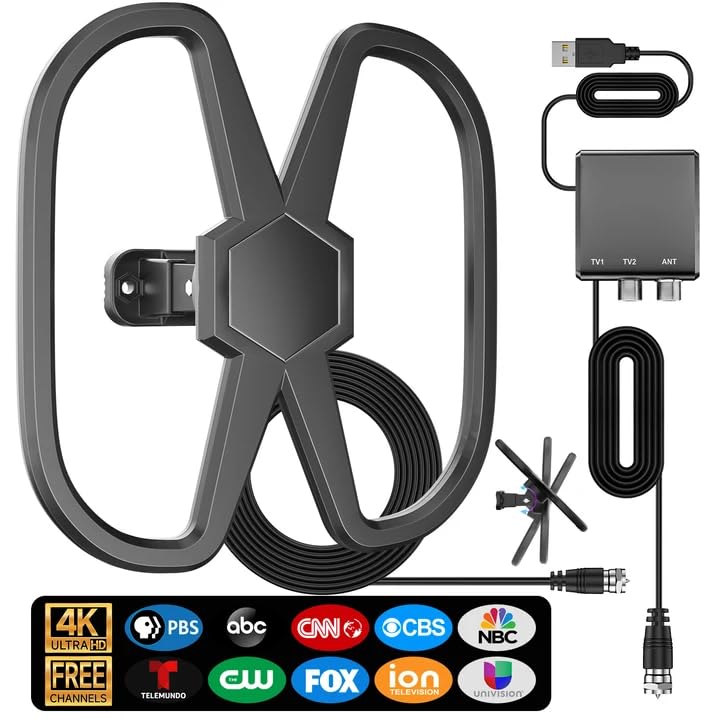 TV Antenna Outdoor-Support 2 TVS, 4000+ Miles Long Range Digital Antennas Smart TV Indoor, HD Antennas Local Channels 360° Reception, Strongest Amplifier Antenna-Support 8K 4K 1080p-38 Ft Cable