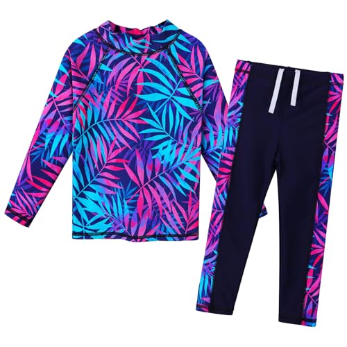 Image of Girls Two Piece Swimsuit Long Sleeve Floral Bathing Suit UPF 50+ Summer Beach Swimwear
