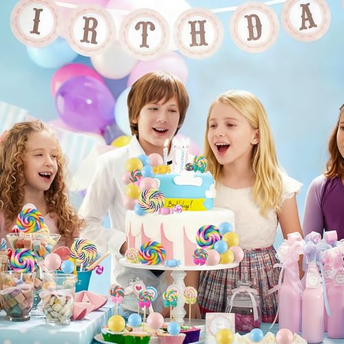 Rismise Candyland Cake Topper 28PCS Lollipop Cake Decorations Colorful Ball Cake Toppers Candy Cake Topper Sweet One Cake Toppers with Lollipop Donut Bow for Sweet Ice Cream Theme Party - image 5