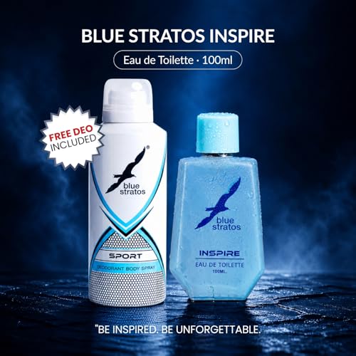 Image of Blue Stratos Inspire Eau de Toilette for Men 100ml | Free Deodorant Included | Citrus Amber Spice Perfume | Sandalwood & Musk Base | Long-Lasting Luxury Cologne