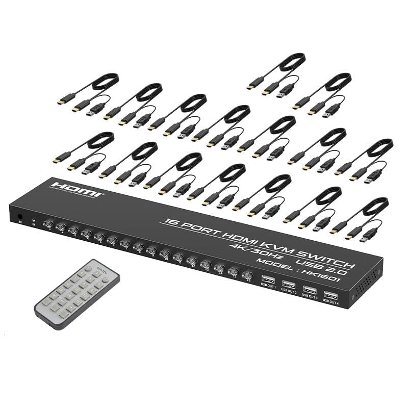16-Port HDMI KVM Switch, 4K@30Hz USB 2.0 Multi-Computer Control System with IR Remote, Single Monitor Control for 16 PCs, Compatible with Windows, Linux & Mak OS-image-20