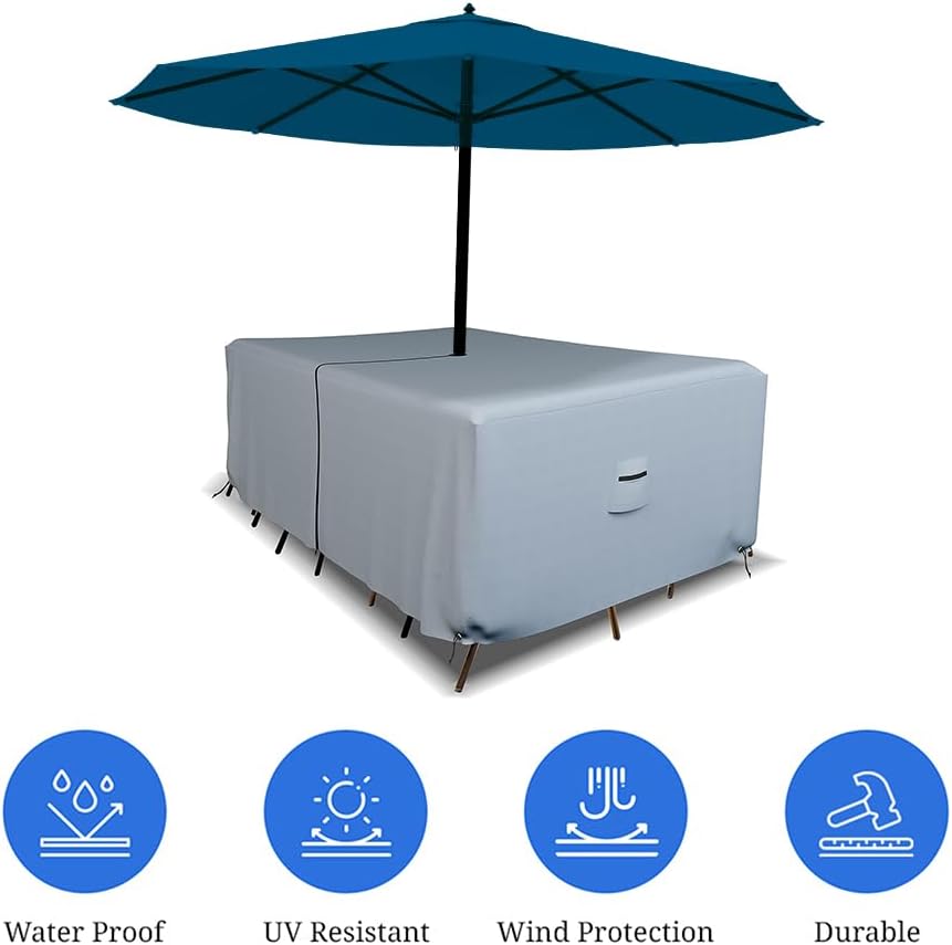 Covers & all Rectangle Table & Chair Set Cover with Umbrella Hole, 18 Oz Waterproof UV & Weather Resistant, Patio Lawn Garden Backyard, Air Vents & Drawstrings (76''Lx46''Wx30''H, Grey)