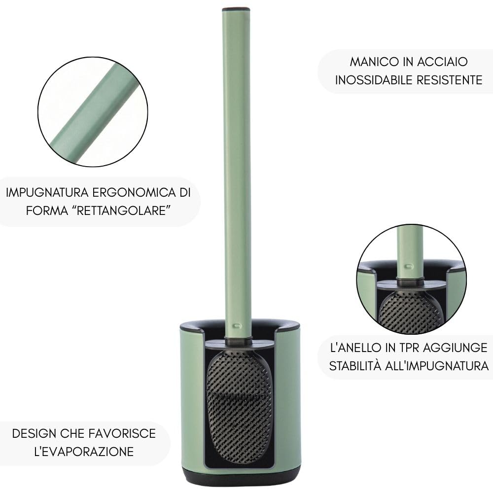 Set 2 Scopini WC In Silicone Erreke Con Supporto Acciaio Inox – Manico Lungo, Montaggio A Parete, Argento
