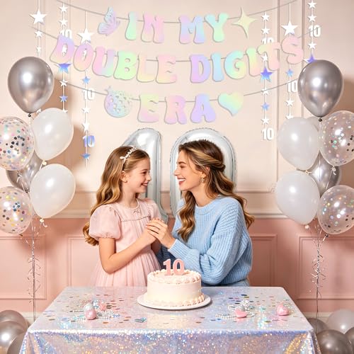 Image of 10th Birthday Decorations Silver, In My Double Digits Era Banner, Happy 10th Birthday Decorations for Girls Boys Double Digits Party Supplies Silver Number 10 Balloon Butterfly 10 Party