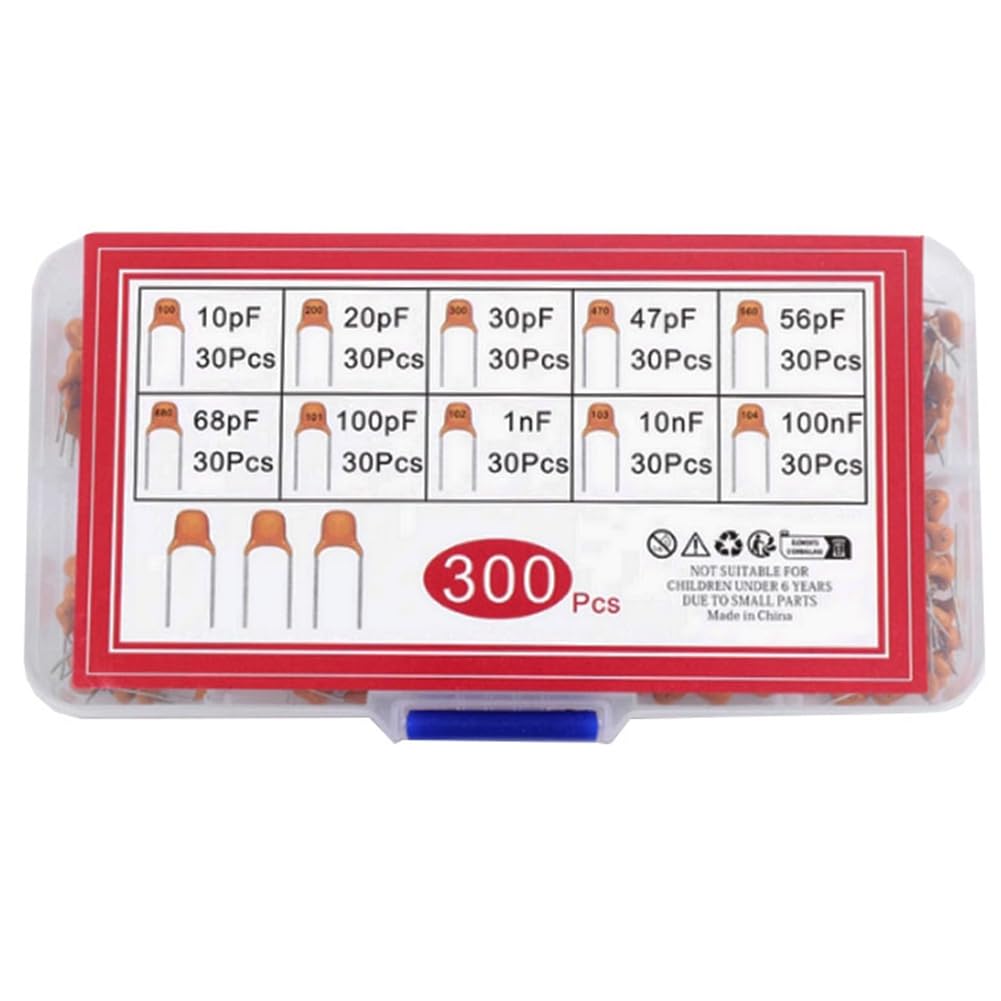 Xnuiasqe 300pcs 10kinds of Monolithic Capacitors(10pF-100nF) Direct Insertion Non-Polarised 50V Ceramic Capacitor Component Set