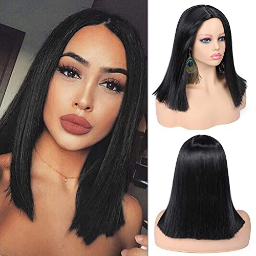 Image of Short Straight Bob Wigs Black Short Wig Middle Part Synthetic Wigs Shoulder Length Daily Cosplay Party Wigs for Women 14 inches