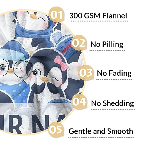 Custom Penguin Blankets with Name - Soft Warm Blanket Throw for Kids, Adults - 30"x40" Small Blankets for Couch, Work - Blue Cute Blanket Gifts