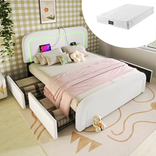 BXEYXE Estructura de cama con función de carga tipo C, iluminación y 4 cajones, cama doble tapizada de 140 x 200 cm, cabecero regulable en altura, somier de láminas de madera, color blanco Sherp (con