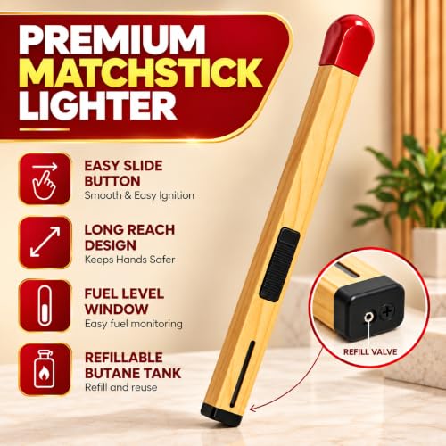 Image of I K IMPEX Match Stick Shaped Gas Lighter for Kitchen, Long Handle Butane Gas Lighter for Gas Stove, Candle & BBQ, Windproof Refillable Multipurpose Lighter for Home & Outdoor Use