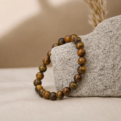 Image of VAMA Natural Tiger Eye Bracelet | Certificate of Authenticity | Confidence, Protector, Will Power | Tiger Eye Round Beads | Crystal Stone Bracelet for Men and Women
