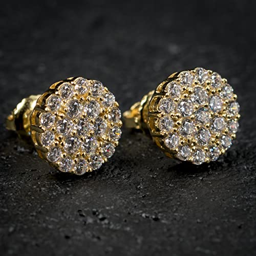 Mens Women Large Trendy Circle 14k Yellow Gold Plated 925 Sterling Silver Hip Hop Round Shape Iced 5A CZ Flower Cluster Screw Back Earrings Jewelry Gifts For Men Women2