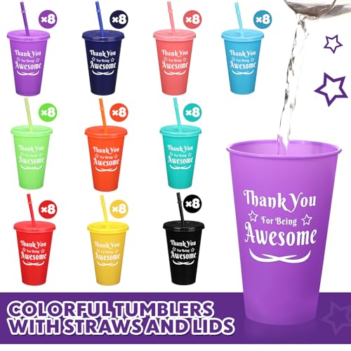 80-Pcs-Thank-You-Gifts-16-oz-Colorful-Tumbler-with-Straw-and-Lid-Plastic-Reusable-Cups-Thank-You-Mug-Tumbler-Water-Bottle-Cold-Drink-Travel-Mug-for-Kids-Adults-Birthday-Party-10-Colors