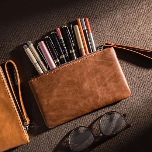 Image of Calfinder Leather Pencil Pouch,Small Pen Pouch with Zipper,Handmade leather Pouch,Water Resistant,Leather Pouch for Makeup, Change, Coins, Perfect for Work /Office