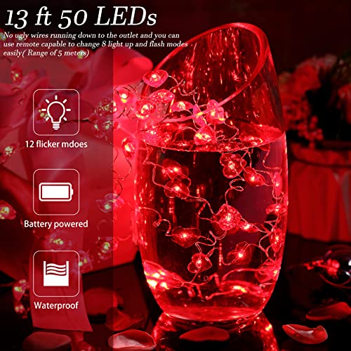 Heart String Light 13 Ft 50 Leds Valentine's Day Decorative Light String Wedding Decoration Battery Powered With 12 Modes, Remote And Timer For Wedding Anniversary Birthday (Red) #TOP1