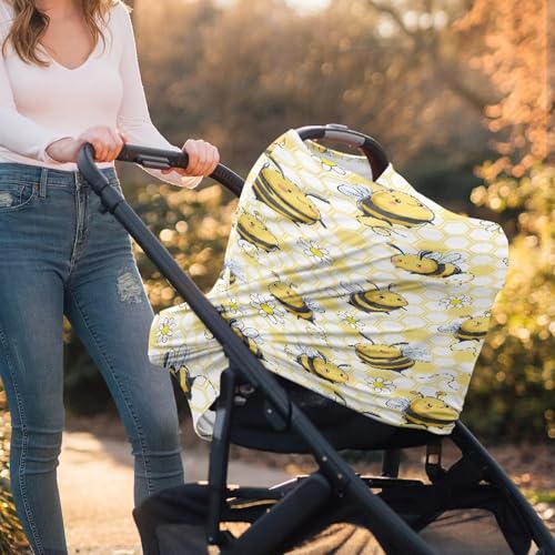 Image of Cute Carseat Cover for Babies, Breathable Infant Carseat Cover Lightweight Baby Carrier Cover for Girls Boys, Fit Spring Summer /Hot Days /Warm Weather, Bee Daisy