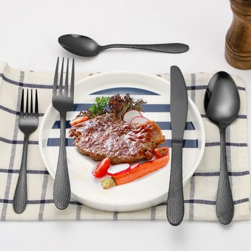 Image of aDai Premium 20 Piece Stainless Steel Cutlery Set | Elegant Hammered Handle Flatware | Includes Spoon Fork Knife Teaspoon | Durable Rust Resistant | Perfect for Gifting (Black)