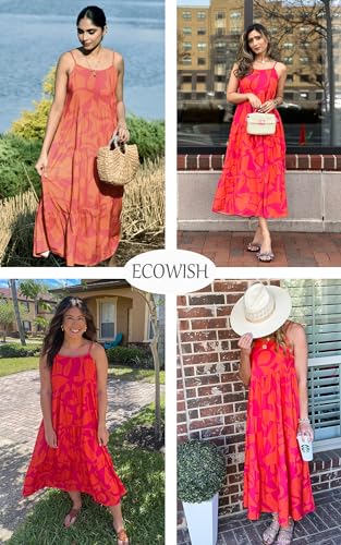 Image of ECOWISH Women Sleeveless Maxi Dress: Summer Spaghetti Strap Casual Loose Boho Beach Dress Asymmetric Tiered Flowy Long Dress