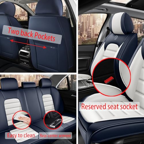Image of Fit for Sedan SUV Pick-up Truck,Automotive,Ice Slik Nappa Leather Car Seat Covers,Waterproof Durability Washable Seat Covers,5 Seat Complete Set Standard Full Coverage Car Seat Cover(Blue & White)