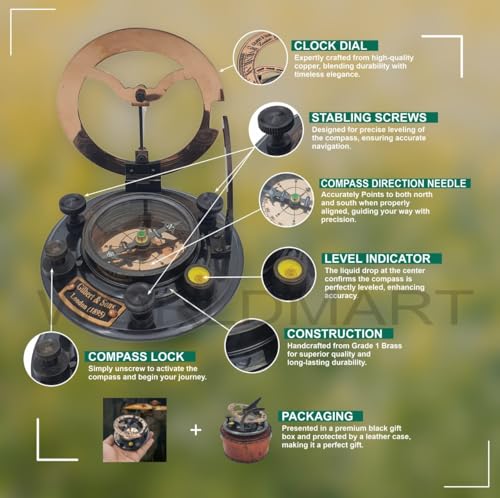 Bússola de relógio de sol em estojo de couro presentes náuticos de latão para homens, acessório de a