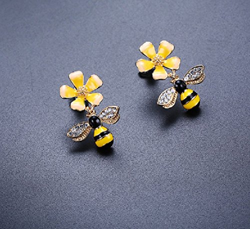 Gold Plated Bee Stud Dangle Drop Earrings For Women Girls Yellow Flower Crystal Jewelry By Sunscsc (Yellow Bee W749) #TOP1