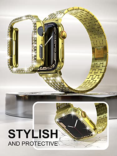 Image of QVLANG Compatible for Apple Watch Band 40mm Series 6 /5 /4 /SE, Diamond Rhinestone Case + Women Bling Band Stainless Steel Metal Bracelet for iWatch (Gold, 40mm)