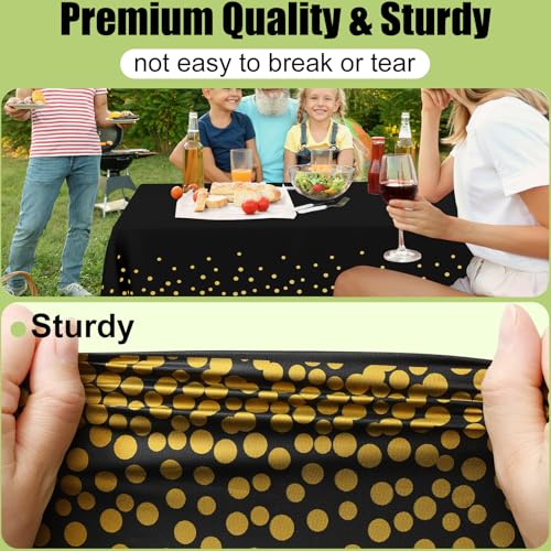 Image of Smiry Disposable Table Cloth - 6 Pack, 54 x 132 Inch Waterproof Rectangle Tablecloths for Parties, Decorative Plastic Table Cover, Leakproof & Sturdy, Black & Gold
