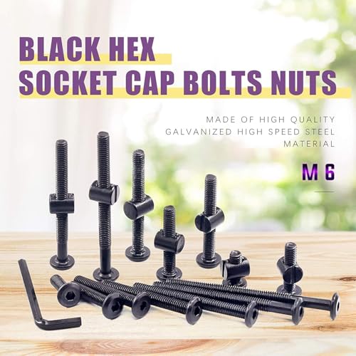 Swpeet 192Pcs M6 × 20/30/40/50/60/70/80mm Black Zinc Flat Head Hex Socket Cap Baby Crib Bed Bolts and Threaded Insert Nuts with Flange Nuts and 4 Pronged Tee T Nuts Kit with Allen Wrench