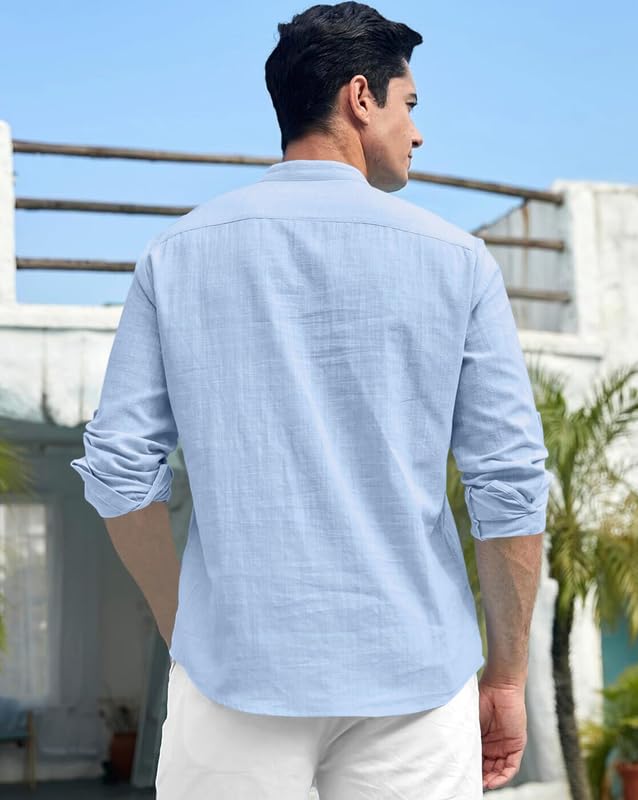 Image of FINIVO FASHION Men's Cotton Blend Short Kurta Shirt | Casual Ethnic Wear with Roll-Up Sleeves & Mandarin Collar | Comfortable Fit Tunic for Festive, & Summer Outings