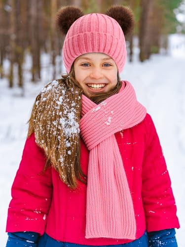 Image of JaGely 2 Sets Kids Winter Hat Gloves Scarf Set Girls and Boys Knit Hat with Pom Warm Scarf Snow Gloves for 3-10 Years Toddler