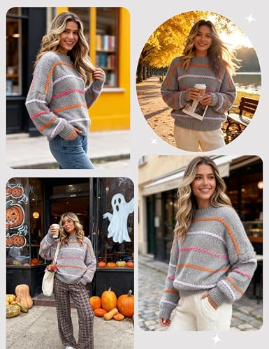 Image of QIBABU Womens Striped Sweaters Casual Lantern Sleeve Color Block Knit Pullover Sweater Tops