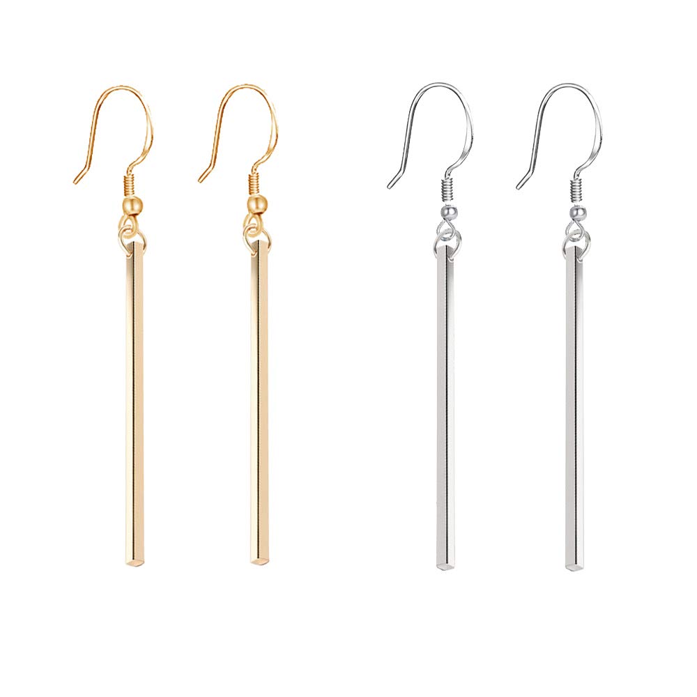 CULOVITY Vertical Bar Pendant Necklace Earrings - Simple Long lariat Chain Minimalist Dangle Earrings for Women 2.4" Pendant 35" Chain 2'' Drop