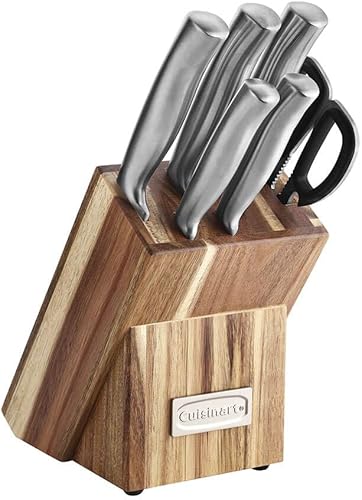 Cuisinart C77SS-7P - Juego de cuchillos de preparación de acero inoxidable de 7 piezas, cuchillas de corte de precisión de bloque de acacia, asas