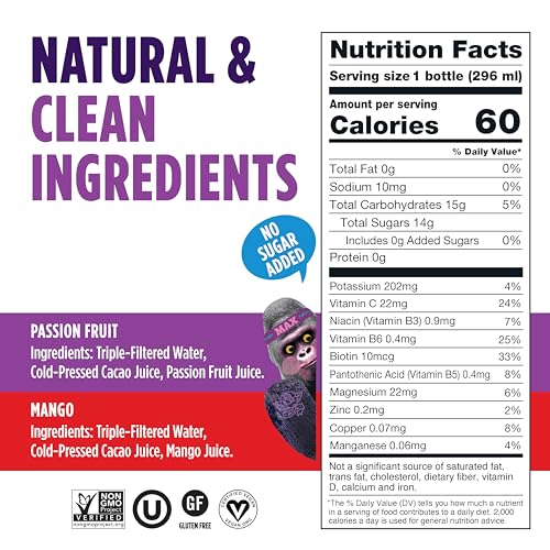 Image of Blue Stripes Cacao Water - Mango & Passion Fruit | Hydration Drink with Natural Electrolytes & Antioxidants | Cacao Juice, Fruit Juice & Water | No Sugar Added, Plant Based, Non GMO |10 floz (12 Pack)