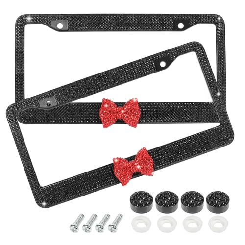 bylikeho License Plate Frame Cute Car Accessories Stainless Steel Crystal Car Plate Covers Shiny Rhinestones Premium License Plate Holder with Mounting Bolts License Plate Frames (Black&Red)